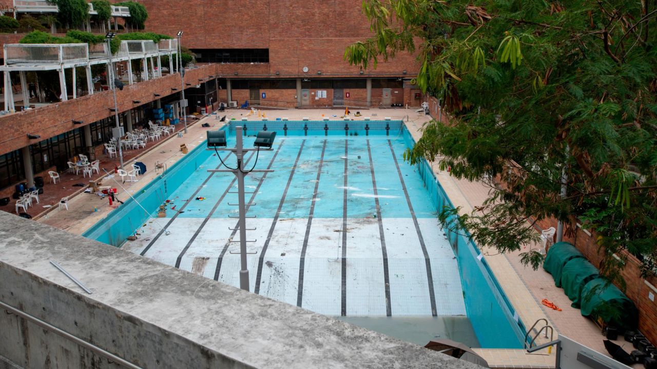 A pool that was emptied and used for petrol bomb practice by protesters is seen Tuesday.