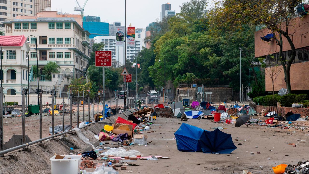 One of the streets near Hong Kong Polytechnic University is seen filled with detritus Tuesday. 