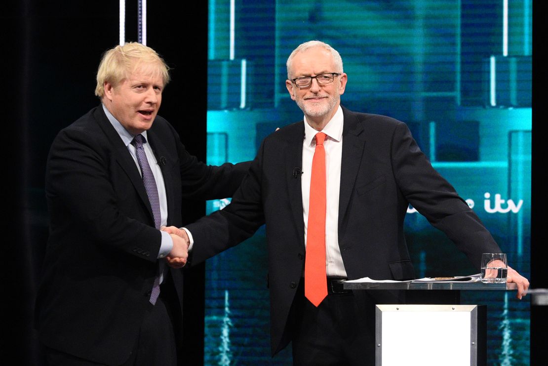 Boris Johnson and Jeremy Corbyn shake hands during a TV election debate on November 19, 2019.