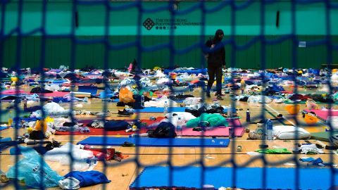 A protester walks through a gymnasium at Hong Kong Polytechnic University on November 19.