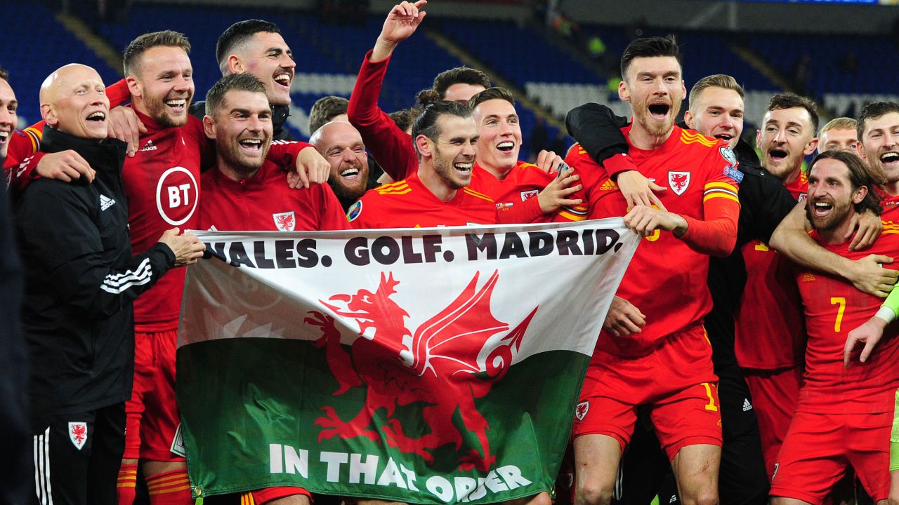 Bale and his Wales teammates celebrate at full time against Hungary.
