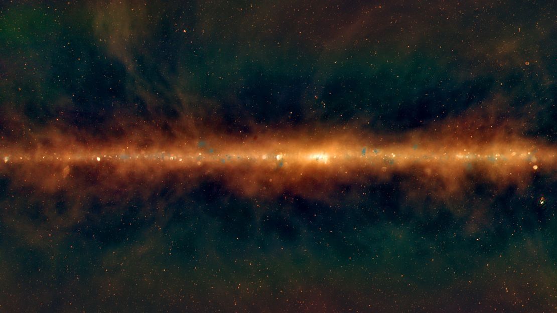 This new view of the Milky Way shows the lowest radio frequencies in red, middle frequencies in green, and the highest frequencies in blue.