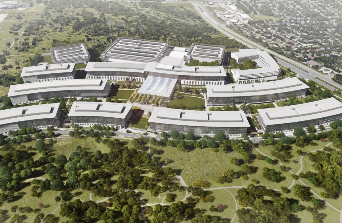 A rendering of the upcoming 133-acre Apple campus in Austin, Texas.