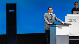 Debate champion Harish Natarajan participating in a live debate with IBM Project Debater, an artificial intelligence technology system, during IBM's Think 2019 conference at the Yerba Buena Center for the Arts in San Francisco, California, on Monday, Feb. 11, 2019.