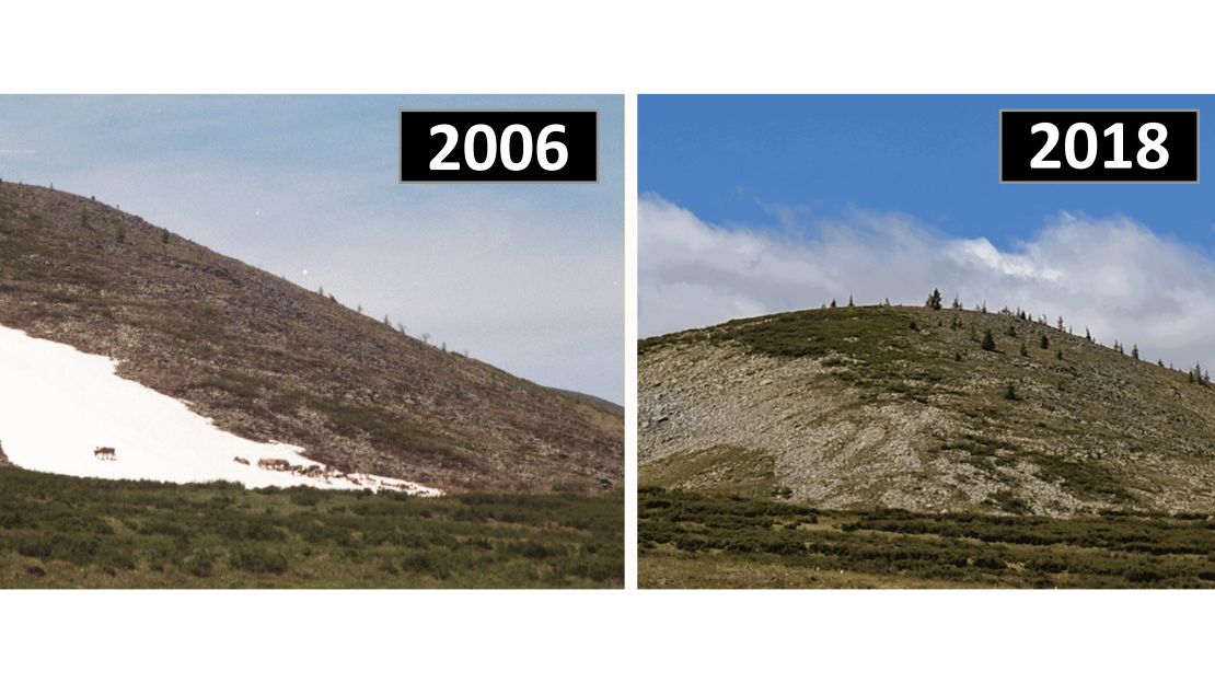 On the left is an image of a persistent snow and ice patch in Mengebulag, Mongolia, taken in 2006, showing domestic reindeer using the patch. On the right is the same patch in 2018, which local residents indicated had melted for the very first time.