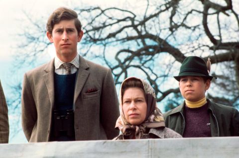 From left, Prince Charles, Queen Elizabeth II and Prince Andrew attend an equestrian event in 1972.