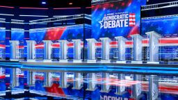 The debate stage is prepared for the upcoming Democratic Presidential Debate hosted by MSNBC and The Washington Post at Tyler Perry Studios in Atlanta, Georgia, on November 19, 2019. - The debate is scheduled for November 20. (Photo by SAUL LOEB / AFP) (Photo by SAUL LOEB/AFP via Getty Images)