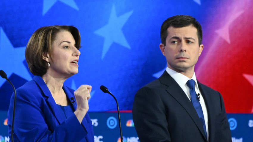 Democratic presidential hopefuls Minnesota Senator Amy Klobuchar (L) and Mayor of South Bend, Indiana, Pete Buttigieg (R) participate in the fifth Democratic primary debate of the 2020 presidential campaign season co-hosted by MSNBC and The Washington Post at Tyler Perry Studios in Atlanta, Georgia on November 20, 2019. (Photo by SAUL LOEB / AFP) (Photo by SAUL LOEB/AFP via Getty Images)