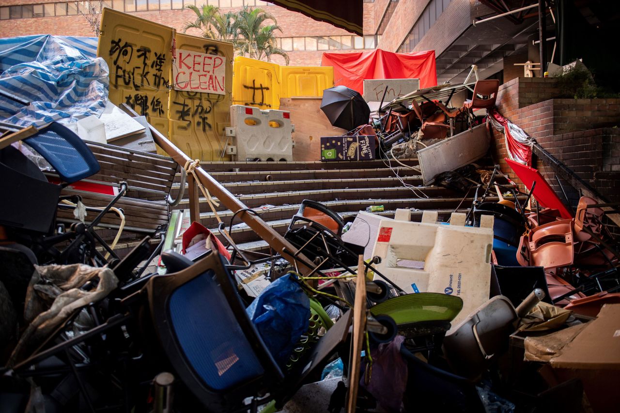 Tables and chairs piled up to create a barrier are left behind by protesters who barricaded themselves inside the Hong Kong Polytechnic University.