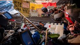 Tables and chairs piled up to create a barrier are seen leftover from protesters who barricaded themselves inside the Hong Kong Polytechnic University in the Hung Hom district of Hong Kong on November 21, 2019.