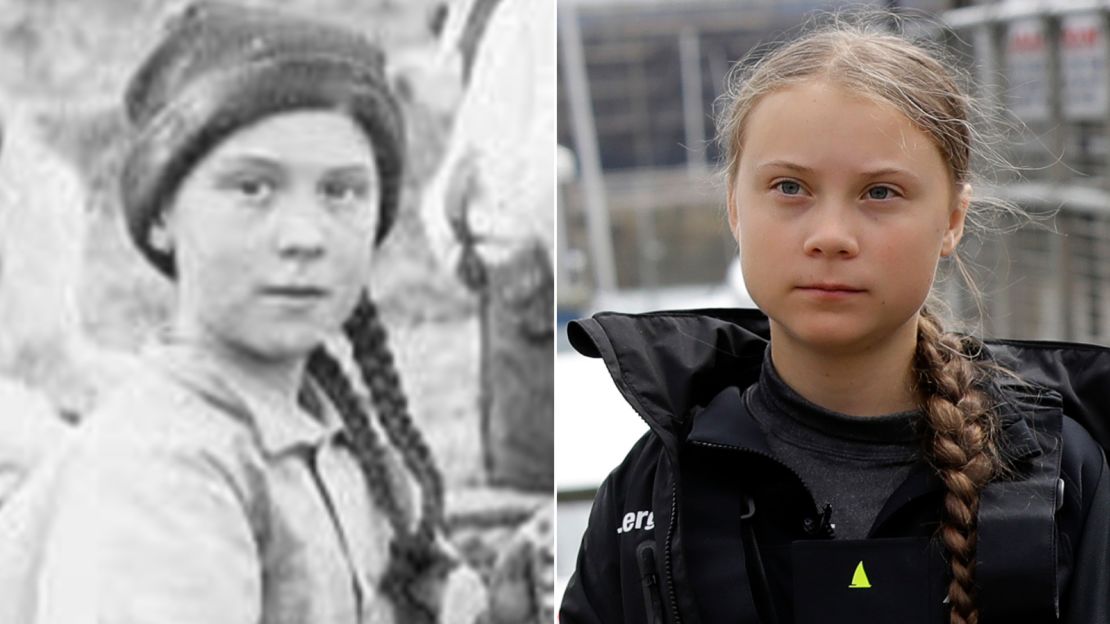 Greta Thunberg of present day, right, looking strangely similar to the girl in a photograph from 1898, left.