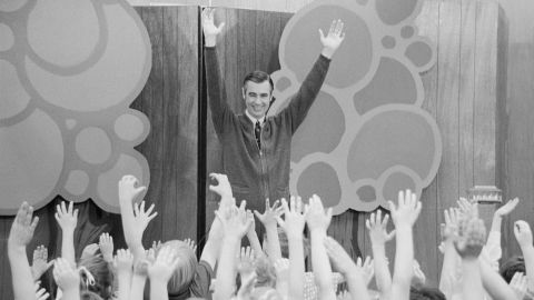 Fred Rogers entertains children during a Mister Rogers' Day celebration in South Dakota.