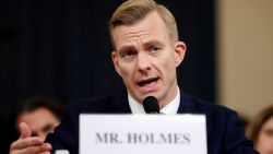 David Holmes, a U.S. diplomat in Ukraine, testifies before the House Intelligence Committee on Capitol Hill in Washington, Thursday, Nov. 21, 2019, during a public impeachment hearing of President Donald Trump's efforts to tie U.S. aid for Ukraine to investigations of his political opponents. (AP Photo/Andrew Harnik)