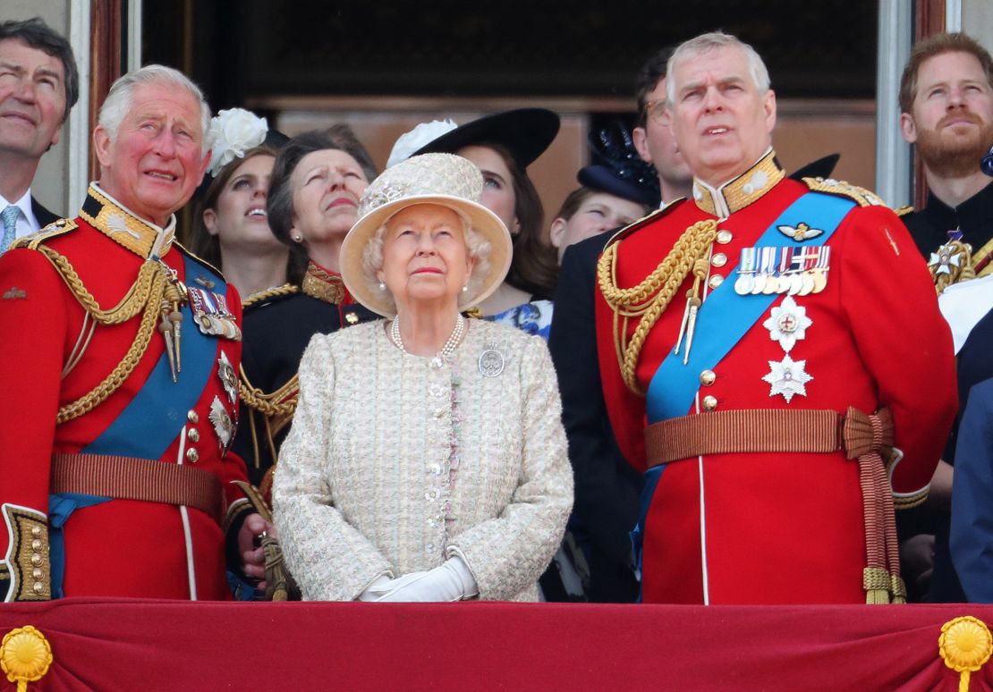 The Queen watches Trooping The Colour, the Queen's annual birthday parade, on June 08, alongside her sons, Prince Charles (left) and Prince Andrew (right). 