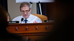 Representative Jim Jordan,(R-OH) questions Fiona Hill, the former top Russia expert on the National Security Council, and David Holmes, a State Department official stationed at the US Embassy in Ukraine testify during the House Intelligence Committee hearing as part of the impeachment inquiry into US President Donald Trump on Capitol Hill in Washington,DC on November 21, 2019. (Photo by Andrew Harrer / POOL / AFP) (Photo by ANDREW HARRER/POOL/AFP via Getty Images)