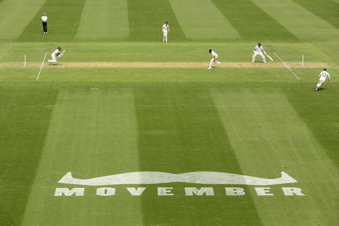 A "Movember" sign is on display on  day one of the first Test between Australia and Pakistan at The Gabba in Brisbane, Australia.