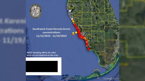 The latest red tide status update from the Florida Fish and Wildlife Conservation Commission shows this current outbreak stretching from the southern border of Collier County north all the way past Sarasota.