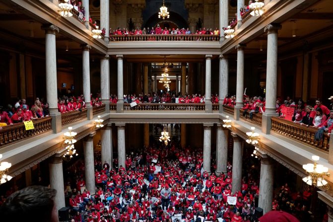 Thousands of Indiana teachers <a href="https://www.cnn.com/2019/11/19/us/indiana-schools-closed-tuesday/index.html" target="_blank">turned the state Capitol into a sea of red</a> on Tuesday, November 19. At least 147 school districts canceled classes as teachers demanded better pay and more funding for public schools.