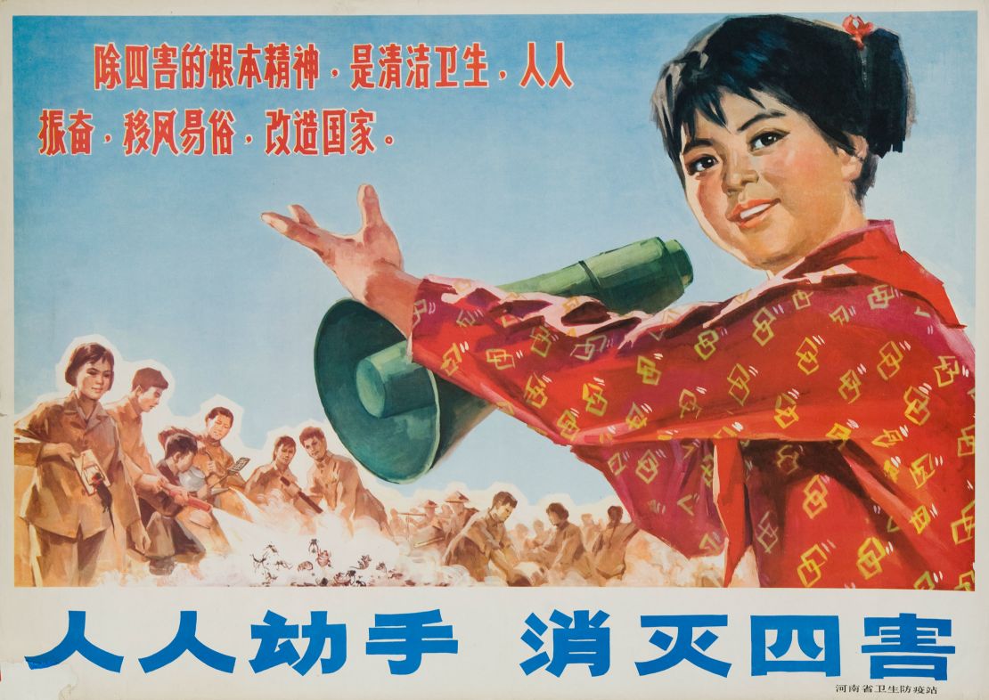 Chinese Cultural revolution poster about the so-called four pests: mosquitoes, rats, flies and sparrows.