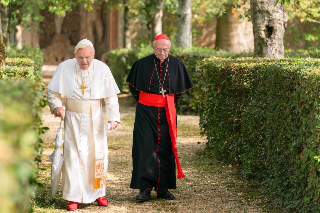 Anthony Hopkins, left, and Jonathan Pryce in "The Two Popes."