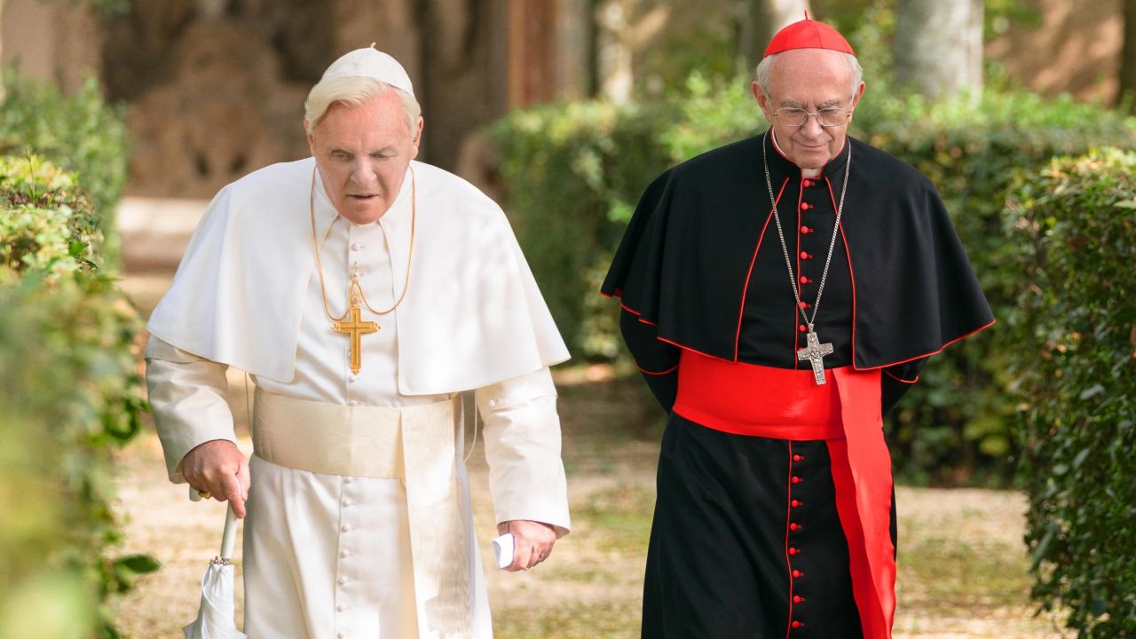 Anthony Hopkins, left, and Jonathan Pryce in "The Two Popes."