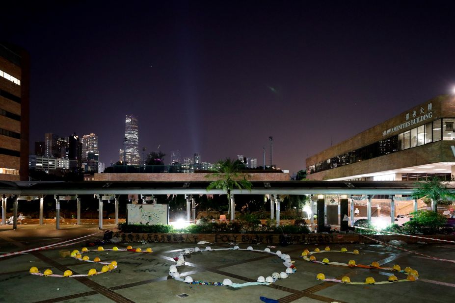 Protesters use clothes and helmets to form "SOS" at Hong Kong Polytechnic University on November 21.