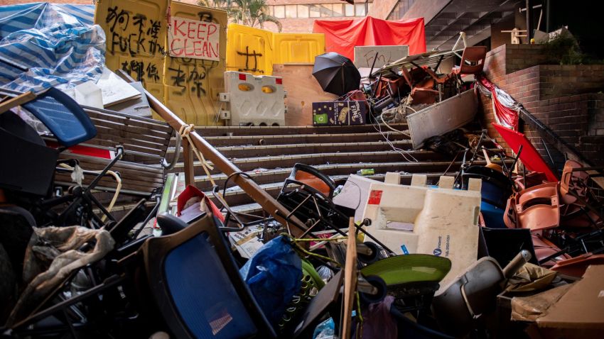 Tables and chairs piled up to create a barrier are seen leftover from protesters who barricaded themselves inside the Hong Kong Polytechnic University in the Hung Hom district of Hong Kong on November 21, 2019. - Hardline Hong Kong protesters held their ground on November 21 in a university besieged for days by police as the US passed a bill lauding the city's pro-democracy movement, setting up a likely clash between Washington and Beijing. (Photo by NICOLAS ASFOURI / AFP) (Photo by NICOLAS ASFOURI/AFP via Getty Images)