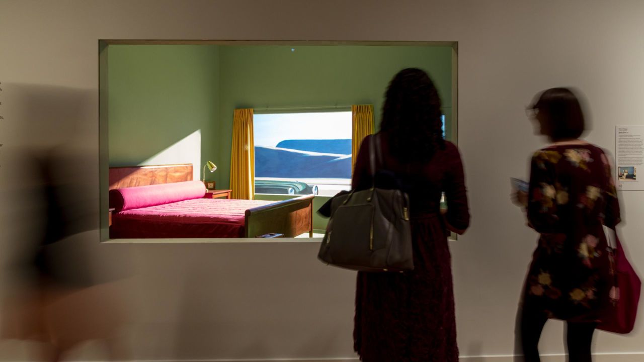 The exhibition, featuring a 3D "Western Motel," is on view at the Virginia Museum of Fine Arts through February 23. 