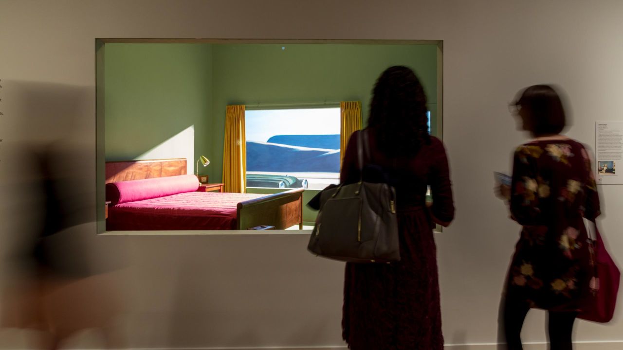 The exhibition, featuring a 3D "Western Motel," is on view at the Virginia Museum of Fine Arts through February 23.