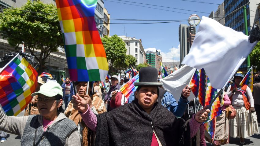 Supporters of Bolivian ex-President Evo Morales demonstrate holding Wiphala flags -representing indigenous peoples- in La Paz on November 18, 2019. - Bolivia's interim president said Sunday she will call new elections soon, as the country struggles with violent unrest a week after the resignation of Evo Morales. (Photo by AIZAR RALDES / AFP) (Photo by AIZAR RALDES/AFP via Getty Images)