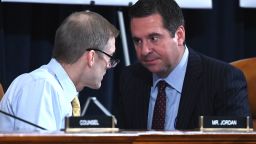 House Intelligence Committee Ranking Member Devin Nunes (R-CA)speaks with Republican Representative from Ohio Jim Jordan(L) as US Ambassador to the European Union Gordon Sondland testifies during the House Intelligence Committee hearing as part of the impeachment inquiry into US President Donald Trump on Capitol Hill in Washington,DC on November 20, 2019. - The US ambassador to the European Union told an impeachment hearing Wednesday that he was following the orders of President Donald Trump in seeking a "quid pro quo" from Ukraine.
Gordon Sondland -- whose appearance before Congress is being watched especially closely as he was a Trump ally -- said he believed the president was pressing Ukraine to investigate his potential 2020 rival Joe Biden. (Photo by Andrew CABALLERO-REYNOLDS / AFP) (Photo by ANDREW CABALLERO-REYNOLDS/AFP via Getty Images)