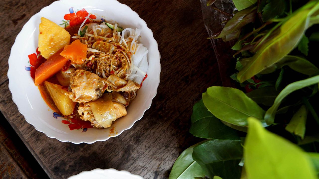 Cambodia's version of red chicken curry is often served at weddings and special occasions.