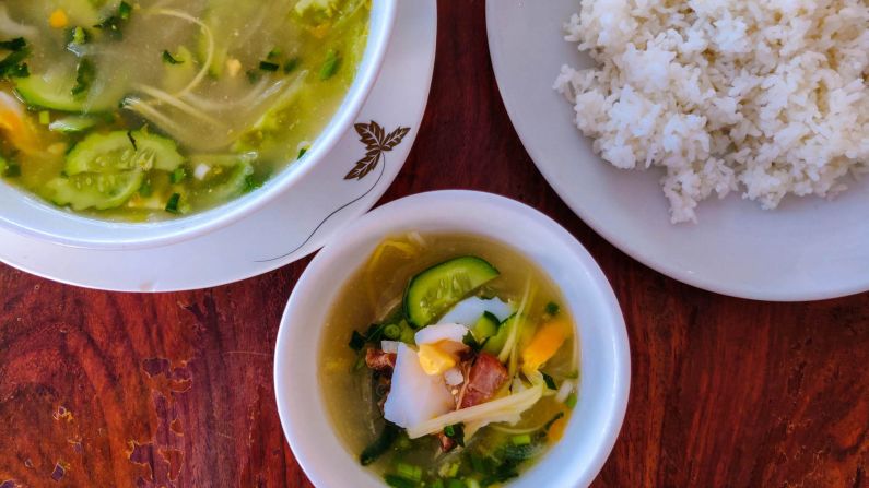 <strong>Chrok krao chhnang (Out of the pot soup): </strong>Rather than preparing it in a pot over a flame, like most Cambodian soups, for chrok krao chhnang the cook assembles the ingredients in a large bowl, then pours boiling water over them to create a broth.