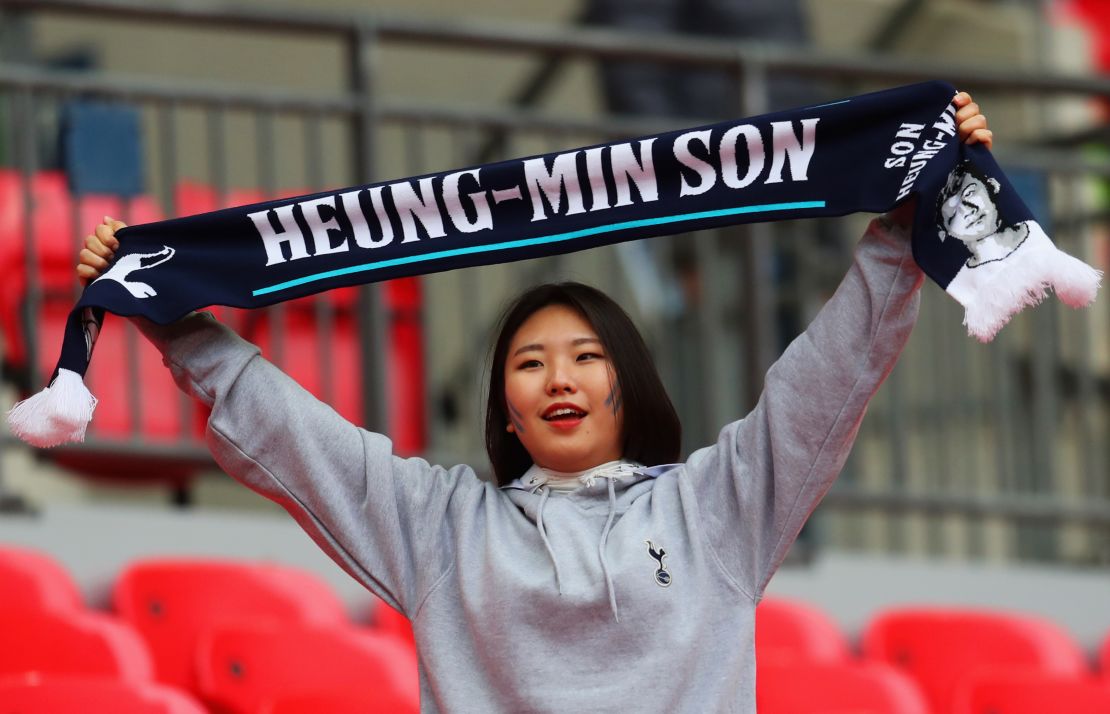 A fan shows her support for Son Heung-Min during a Tottenham Hotspur match.
