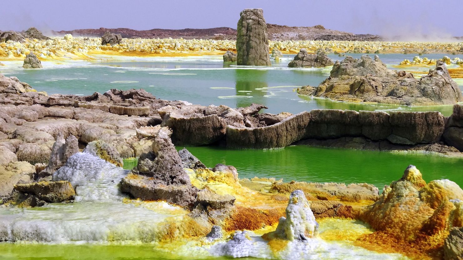Ethiopia's geothermal field Dallol is full of acidic, salty and hot ponds that don't allow life to form. 