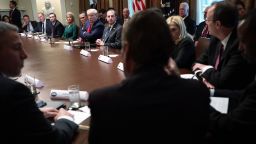 WASHINGTON, DC - NOVEMBER 22:  White House senior counselor Kellyanne Conway, U.S. Sen. Mitt Romney (R-UT), President Donald Trump, and Secretary of Health and Human Services Alex Azer participate in a listening session on youth vaping of electronic cigarette on November 22, 2019 in the Cabinet Room of the White House in Washington, DC. President Trump met with business and concern group leaders to discuss on how to regulate vaping products and keep youth away from them.  (Photo by Alex Wong/Getty Images)