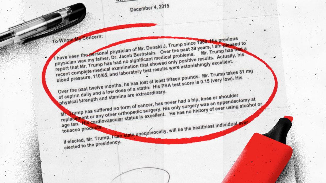 A letter from Dr. Harold Bornstein, Trump's personal physician, was released by the Trump campaign in 2015. Bornstein later said Trump "dictated that whole letter."