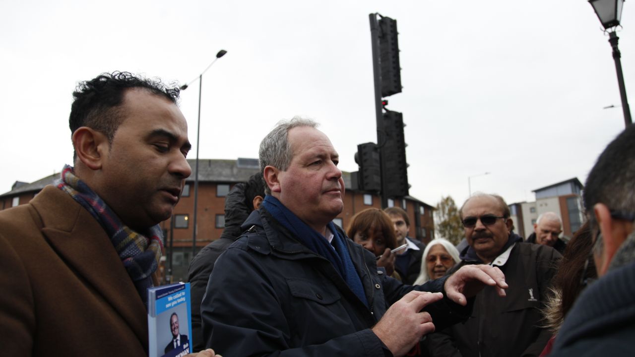 Bob Blackman speaks to Conservative campaigners ahead of a canvassing event in Harrow East.