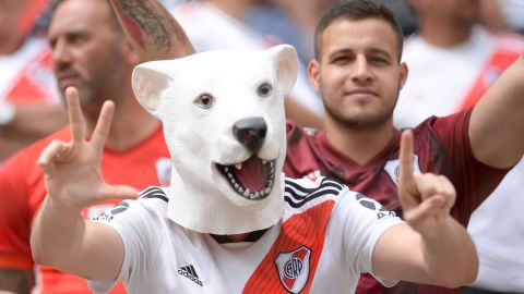 Fans of Argentina's team River Plate cheer before the start of the Copa Libertadores final.