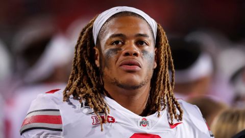 Ohio State defensive end Chase Young looks at the scoreboard during the second half of an NCAA college football game against Northwestern on November 13, 2019. 