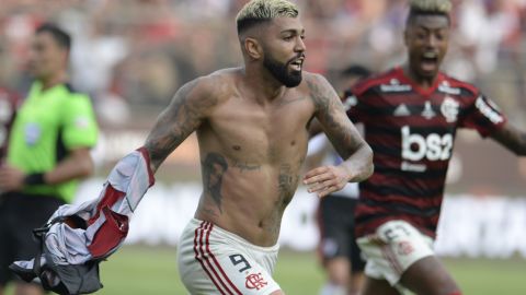 Flamengo's Gabriel Barbosa celebrates after scoring against Argentina's River Plate.