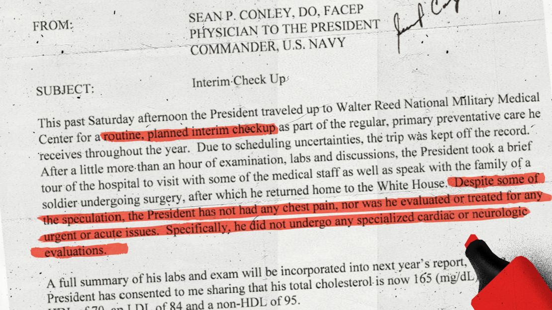 "The President has not had any chest pain, nor was he evaluated or treated for any urgent or acute issues," according to a memo from Dr. Sean Conley, physician to the President.