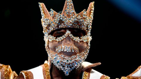 Showtime ... WBC heavyweight champion Deontay Wilder enters the ring for the start of his title fight against Luis Ortiz.
