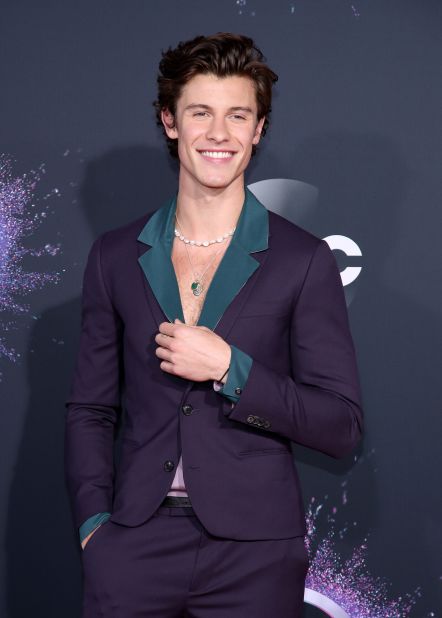Shawn Mendes arrived in a dark purple suit with teal lining. 