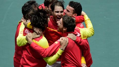 Spain's Rafa Nadal celebrates with teammates after winning against Canada's Denis Shapovalov in the Davis Cup.