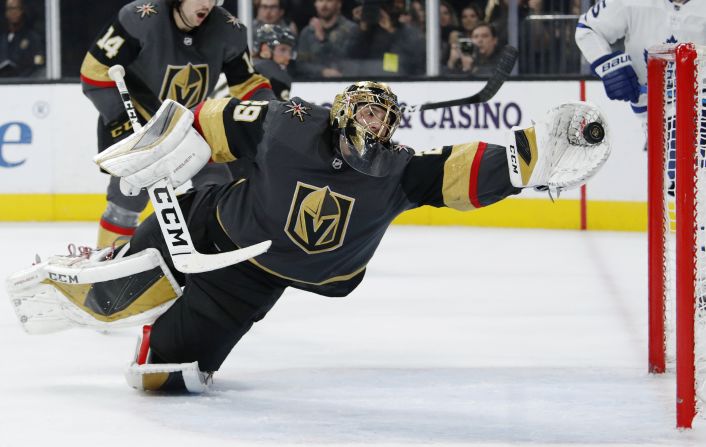 Vegas goalie Marc-Andre Fleury makes a <a href="index.php?page=&url=https%3A%2F%2Ftwitter.com%2FNHLGIFs%2Fstatus%2F1197024119210094592" target="_blank" target="_blank">spectacular glove save</a> against Toronto on Tuesday, November 19.