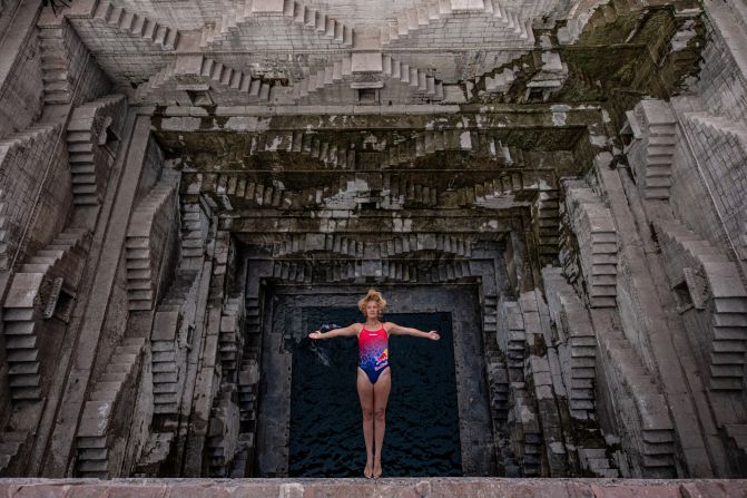 Rhiannan Iffland, the reigning champion of the Red Bull Cliff Diving World Series, performs at the Toorji Ka Jhalra stepwell in Jodhpur, India, on Wednesday, November 20.
