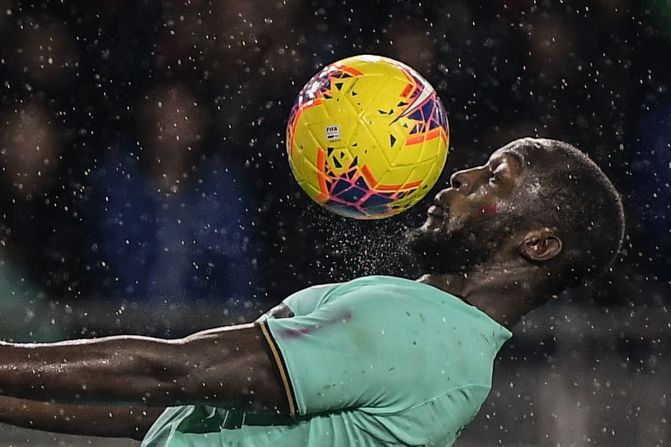 Inter Milan's Romelu Lukaku chest bumps the ball during the Italian Serie A football match against Torino on Saturday, November 23 in Turin, Italy. 