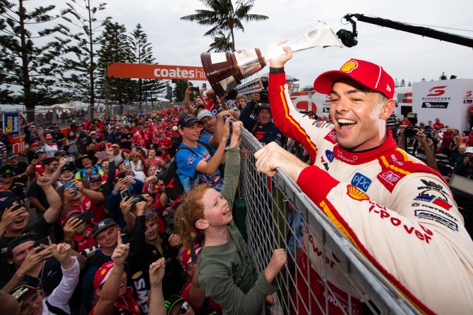 Scott McLaughlin of the Shell V-Power Racing Team Ford Mustang celebrates after winning the 2019 Drivers Championship during the 2019 Supercars Championship on Sunday, November 24 in Newcastle, Australia.