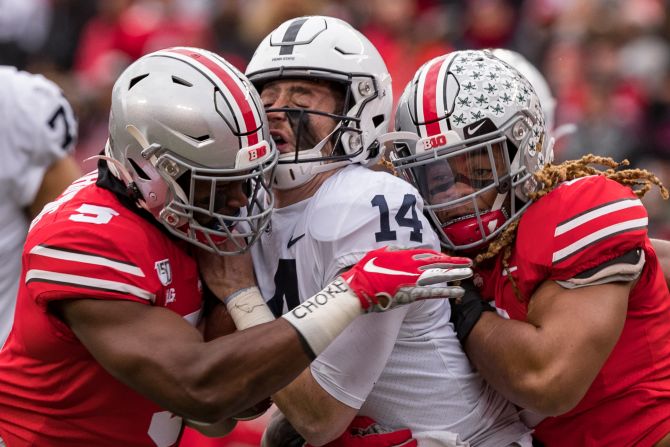 Penn State Nittany Lions quarterback Sean Clifford is sacked by Ohio State Buckeyes defensive end Chase Young and Buckeyes linebacker Baron Browning at Ohio Stadium, Columbus, Ohio. Young <a href="index.php?page=&url=https%3A%2F%2Fwww.cnn.com%2F2019%2F11%2F23%2Fus%2Fohio-state-chase-young-returns-trnd%2Findex.html" target="_blank">broke the school's single-season sacks record</a> in his return Saturday after a two-game suspension. 